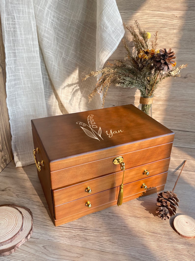 Custom Engraved Wooden Jewelry Box with Drawers 3 Drawer Multiple Jewelry Organizer Wedding Gift Gifts for Her Women's Jewelry Collection image 1