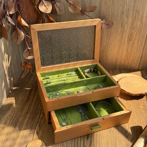 Glass Custom Carved Wooden Jewelry Box Double Layer Jewelry Organizer Gift for Her Women's Jewelry Collection Box with Mirror