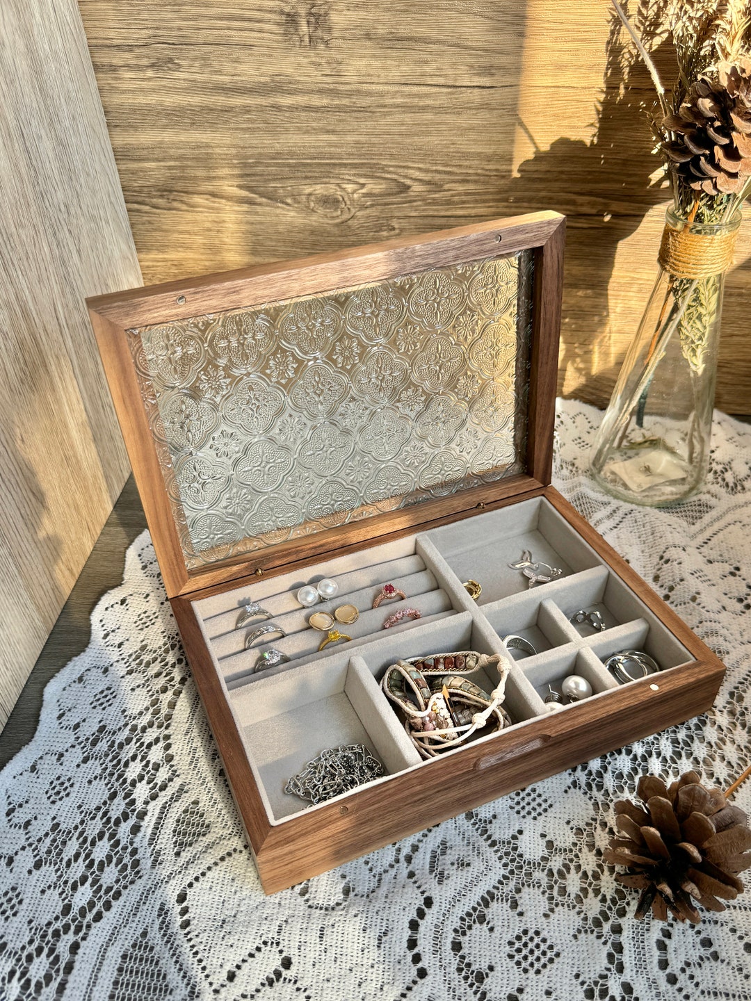 Glass Custom Carved Wooden Jewelry Box Single Level Jewelry Organizer