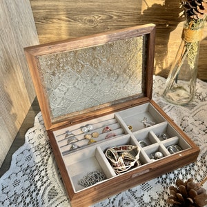 Glass Custom Carved Wooden Jewelry Box Single Level Jewelry Organizer Gift for Her Women's Jewelry Collection Box with Mirror