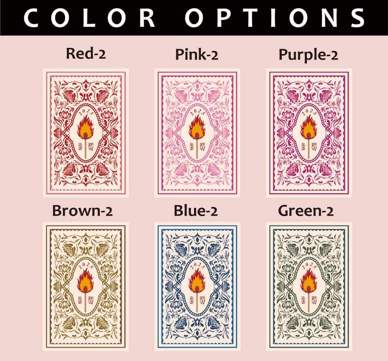 May include: A display of six playing cards, each with a different color border and background. The cards feature a central design of a torch within an oval frame, surrounded by floral patterns. The text "COLOR OPTIONS" is at the top.