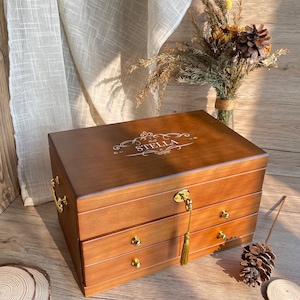 Vintage houten sieradendoos met lades 3 lades Meerdere sieraden opberger Huwelijkscadeau voor moeder Damessieradendoos voor vrouwen moeder cadeau-idee