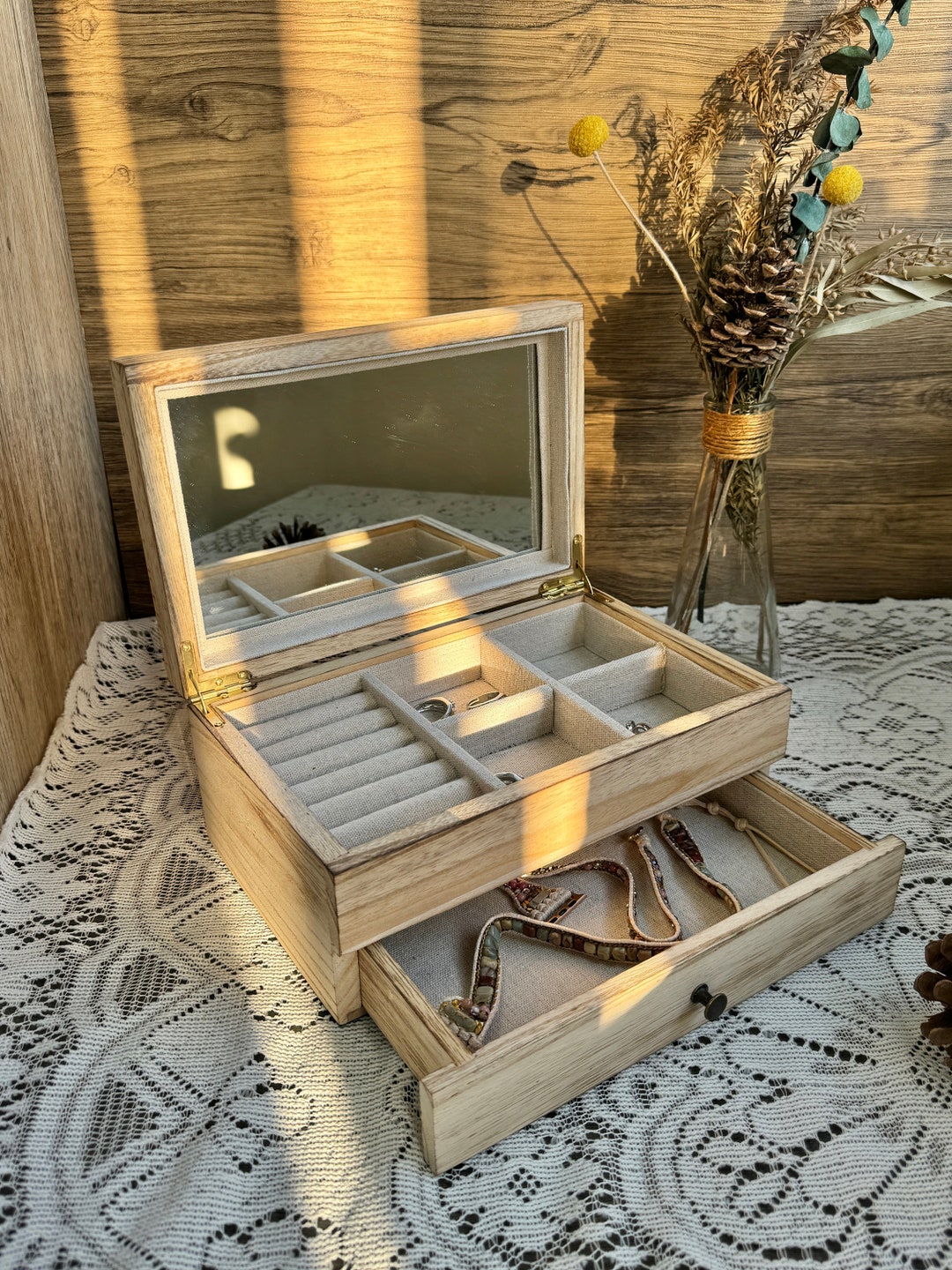 Custom Engraved Wooden Jewelry Box With Drawers Double Drawer Jewelry