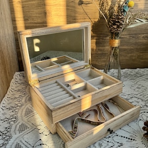 Custom Engraved Wooden Jewelry Box with Drawers Double Drawer Jewelry Organizer Gifts for Her Women's Jewelry Collection Box with Mirror