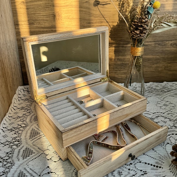 Custom Engraved Wooden Jewelry Box with Drawers Double Drawer Jewelry Organizer Gifts for Her Women's Jewelry Collection Box with Mirror