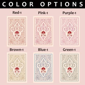 May include: Color options for a product are displayed. The image shows six cards in various colors: red, pink, purple, brown, blue, and green. Each card features an ornate design with the text "THE PERFECT MATCH" and the initials "BW".