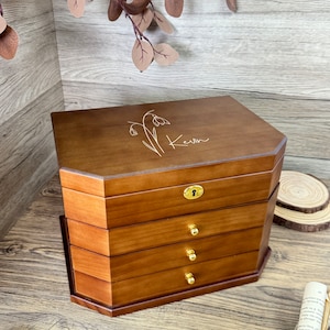 Custom Vintage Wooden Jewelry Box with Lock 4 Drawer Multi Jewelry Organizer Wedding Gift for Mom Jewelry box for Women, Personalized Gift