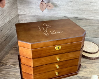 Custom Wooden Jewelry Box with Lock: 4-Drawer Pine Organizer