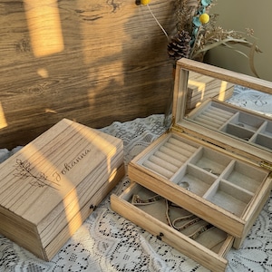 Portagioielli in legno inciso personalizzato con cassetti, organizer per gioielli con doppio cassetto, regali per la mamma, scatola per gioielli da donna con specchio