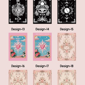 May include: A selection of tarot card designs with various themes. The cards feature black and white occult symbols, pink and gold floral patterns, and the text "THE PERFECT MATCH" and "B&M 2025".
