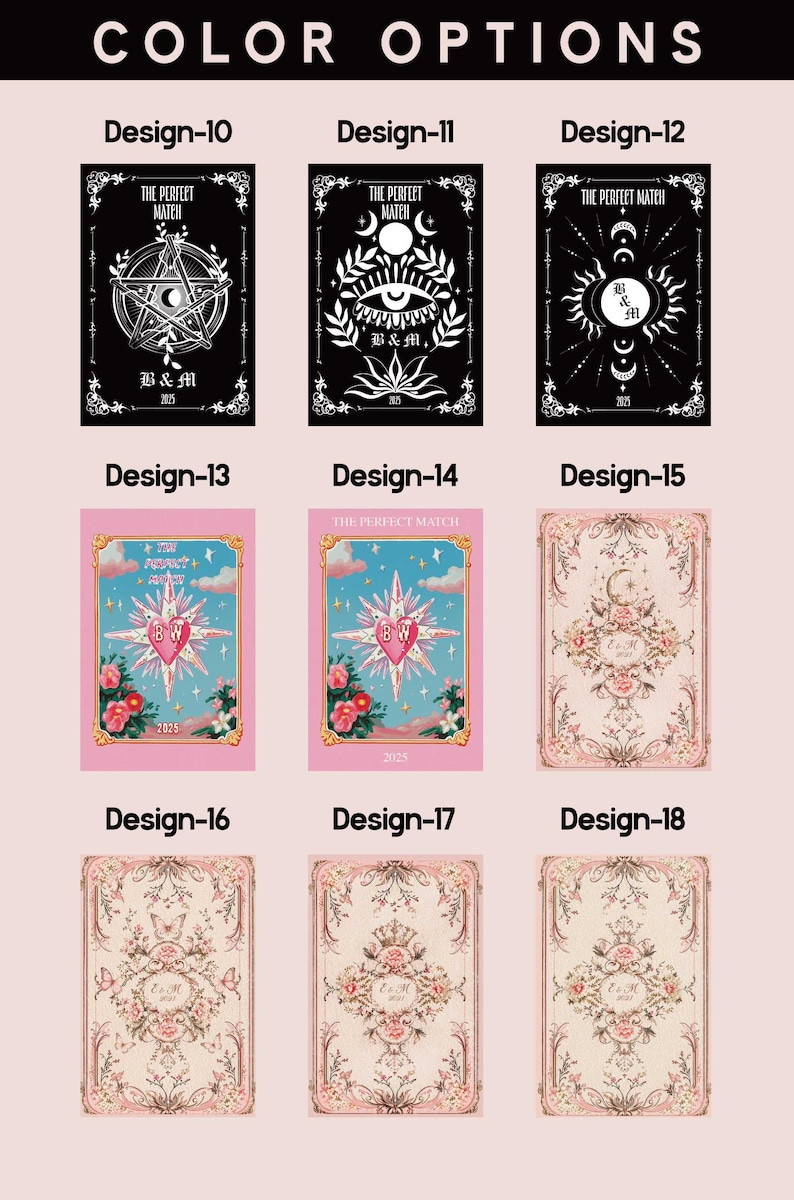 May include: A selection of tarot card designs with various themes. The cards feature black and white occult symbols, pink and gold floral patterns, and the text "THE PERFECT MATCH" and "B&M 2025".