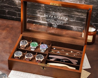 Personalized Wooden Watch Organizer with Lock, Customized Watch Display Case for 6 Watches, Engraved Wooden Watch Case, Watch Box for Men