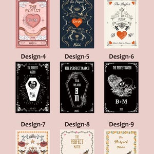 May include: Nine different designs for wedding or anniversary cards. Each design features the words "The Perfect Match" and includes various illustrations such as hearts, keys, and initials. The cards are in different color schemes.