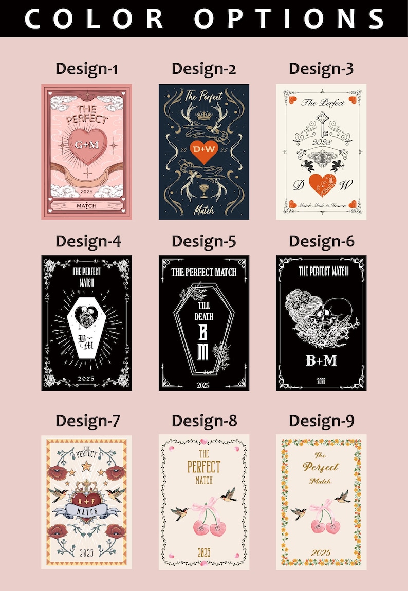 May include: Nine different designs for wedding or anniversary cards. Each design features the words "The Perfect Match" and includes various illustrations such as hearts, keys, and initials. The cards are in different color schemes.