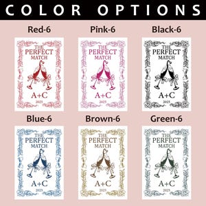 May include: A collection of six rectangular cards, each featuring a different color scheme. The cards display the text "THE PERFECT MATCH" above two champagne glasses clinking together. The cards also include the text "A+C 2025".