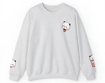 May include: A gray sweatshirt with a panda ice cream graphic on the front and panda boba tea graphics on the sleeves.