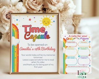 Rainbow 1st Birthday Time Capsule Sign & Cards: Editable Keepsake (Digital Download)