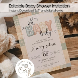 May include: A baby shower invitation with the words "oh BABY baby" in pastel colours. The invitation includes details for Kristy Ann's baby shower, including the date, time, and location. The invitation is 12.7 x 17.8 cm.