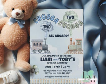 Train 2nd Birthday Invitation for Twins | Blue & Green (Digital Download)