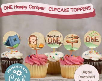 One Happy Camper Cupcake Toppers: Camping Birthday Decor (Digital Download)