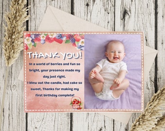 Berry first birthday | thank you card | editable digital card