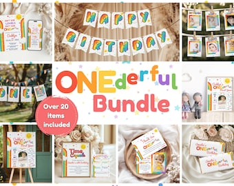 May include: A colorful birthday party bundle with invitations, banners, and milestone cards. The text "HAPPY BIRTHDAY" and "ONEderful Bundle" are prominently displayed. Includes over 20 items.