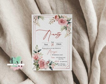 Faire-part 90e anniversaire : fleurs roses, pastel élégant (téléchargement numérique)