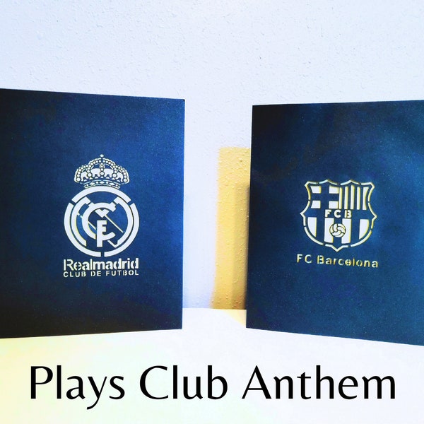 Real Madrid stadium, FC Barcelona stadium, Plays Club anthem, Birthday card, Christmas card, Soccer card, Card for men,  Pop up card
