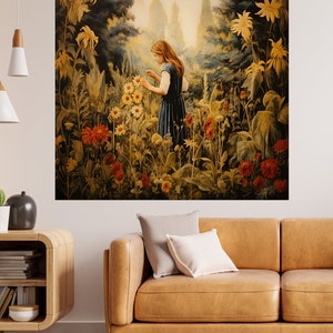 Vintage Tapestry Style Wall Art | Girl Picking Up Wildflower