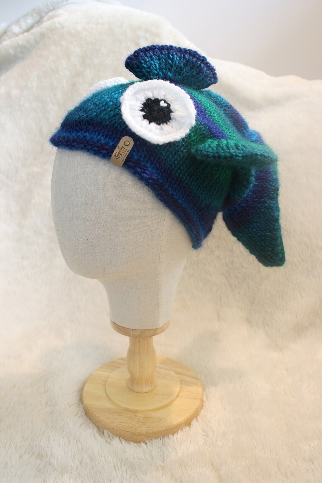 Handmade Knit Child's Stocking Style Novelty Fish Hat in Blue and Green