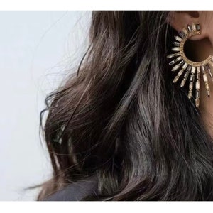 Unusual sunbeam studs with sparkle stones.Edgy celestial earrings for special events.Statement boho sunburst earrings massive.self love gift