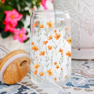 Orange Wildflower Glass Cup 16oz Floral Can Glass with Bamboo Lid & Straw Spring Iced Coffee Cup Aesthetic Tumbler | Gift for Her