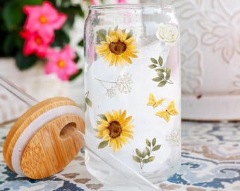 Sunflower Glass Cup with Bamboo Lid & Straw, Iced Coffee Tumbler Floral Aesthetic Can Glass 16oz Butterfly Glass Cup Summer Gift for Her