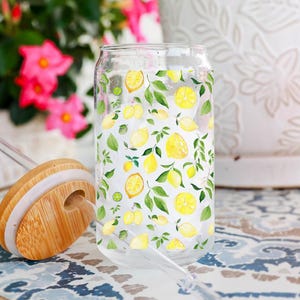Lemon Glass Cup with Bamboo Lid & Straw 16oz Citrus Iced Coffee Tumbler Fruit Can Glass Summer Drinkware Gift for Her Eco Cup