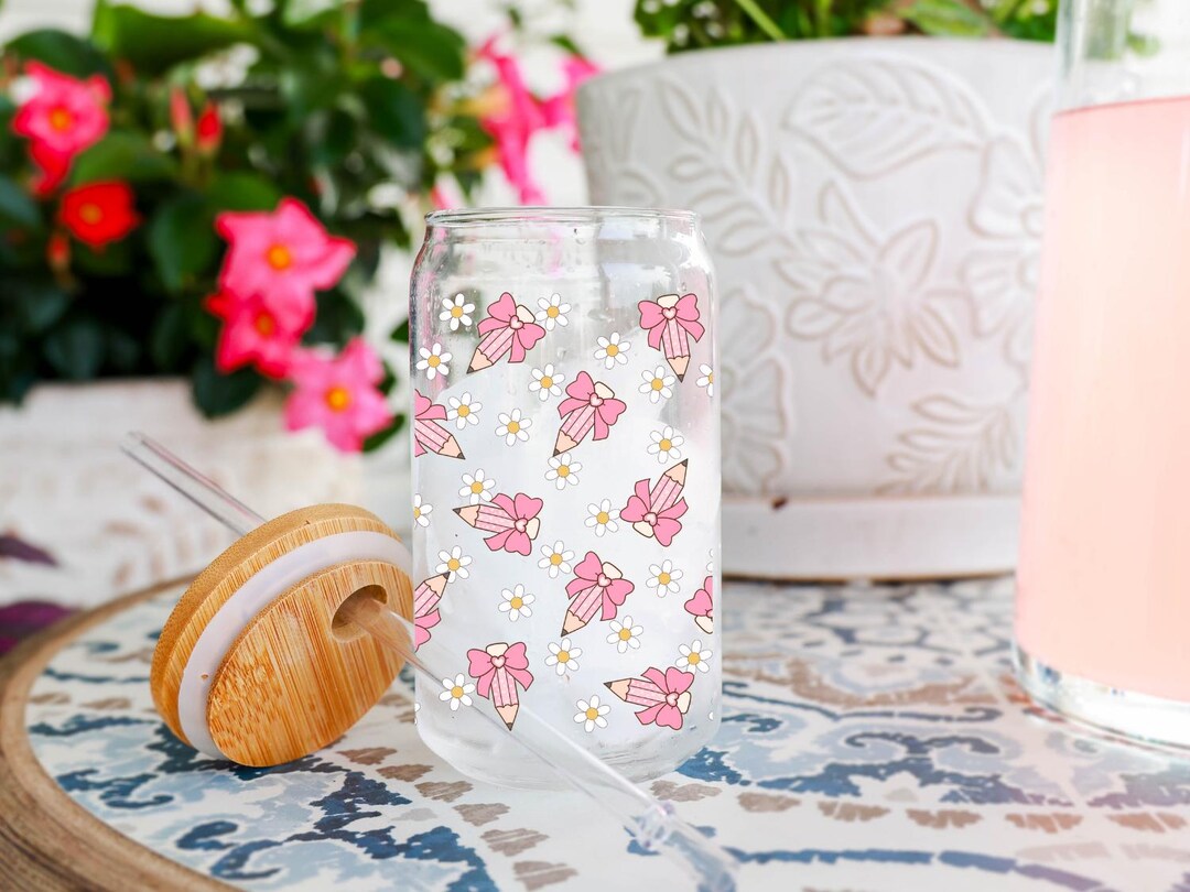 Pencil Pink Bow and Daisy Glass Cup 16oz Iced Coffee Tumbler Teacher ...