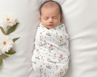 Personalized Floral Baby Swaddle, Swaddle Blanket, Name Swaddle for Newborn