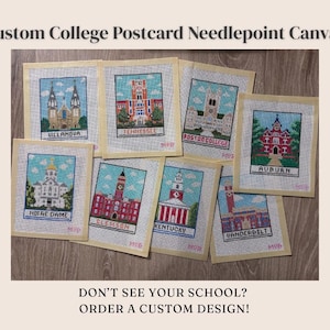 May include: A collection of eight rectangular needlepoint canvases featuring colorful embroidered illustrations of various college campus buildings. Each canvas includes the name of the university printed in a white banner at the bottom.