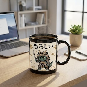 Puede incluir: Una taza de cerámica negra con una ilustración gráfica de una criatura verde similar a un lagarto vestida con armadura de samurái y sosteniendo una espada. Sobre el personaje, el texto japonés 恐ろしい está impreso en negro sobre fondo crema.