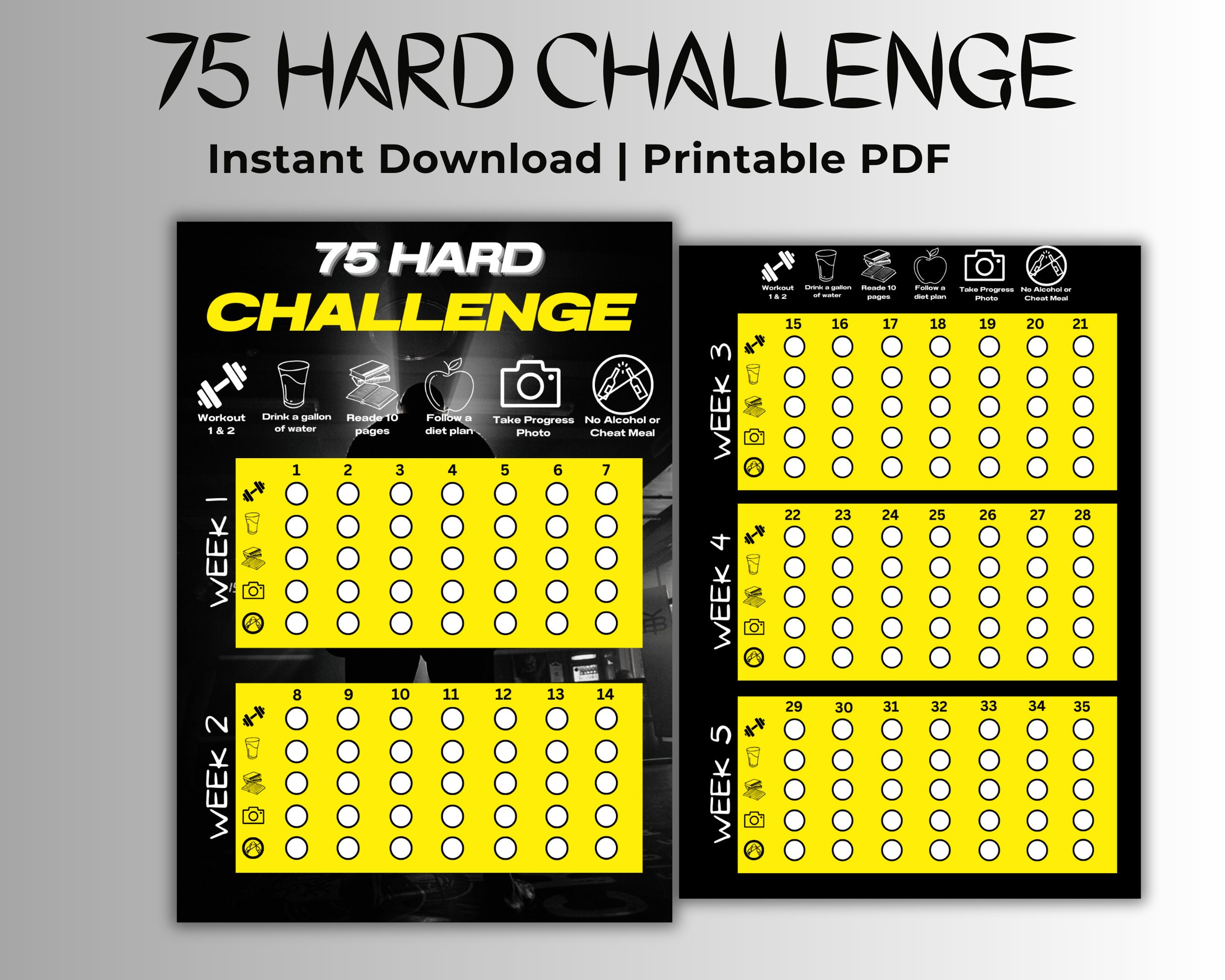75 Hard Challenge Printable Tracker, Daily Progress Tracker, Health and
