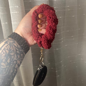 May include: A red fuzzy keychain with a gold key ring and a black car key attached.