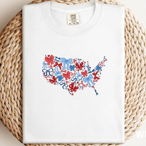 Komfortfarben Amerikanische Karte T-Shirt mit Bögen, süßes USA Coquette Shirt, Amerika Shirt, Vaterländisches T-Shirt, Fourth ofwitzy T-Shirt, Patriotische Kokette