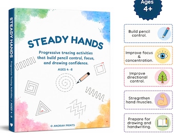 Puede incluir: Un libro titulado Steady Hands con un borde de acuarela, que presenta actividades de trazado progresivo para edades de 4 a 8 años. La portada muestra formas geométricas, un lápiz y texto que detalla beneficios como el control del lápiz.