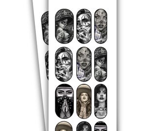 Waterslide Nail Decals, Black and White Chola Chicana Nail Decals, Nail Art Water Transfer, Nail Wraps