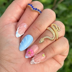 Summer Tropical Flower Nails, Baby Blue Nails, Shell Beach Vacation Press on Nails, Vibrant Summer 3D Flowers & Seashell nails, Gel Nails