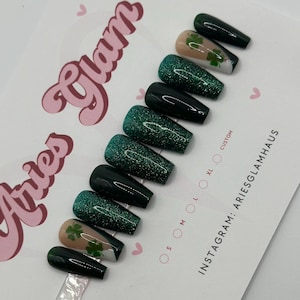 St. Patrick's Day Press On Nails: Green Clover, Reusable, Hand-Painted
