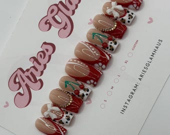 Valentines Day Nails, Gel Nails, Red French Tips, 3D Cherry, Leopard Print Bows, Red Nails