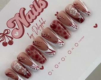 Burgundy Hibiscus Flower Press On Nails, Blooming Gel Flower Design, Vacation Nails