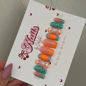 Press on Nails, Summer Vacation Nails, Tangerine 3D Fruit Nails, Blooming Gel, Tropical Nails, Glue on Nails, Gel Nails, Press Ons