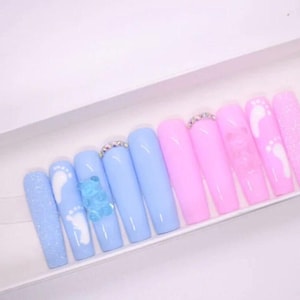 Hand Painted Press On Nails, Baby Shower Gender Reveal Nails, Press Ons, Nails, Glue On Nails, Baby Boy Baby Girl, Gel Fake Nails