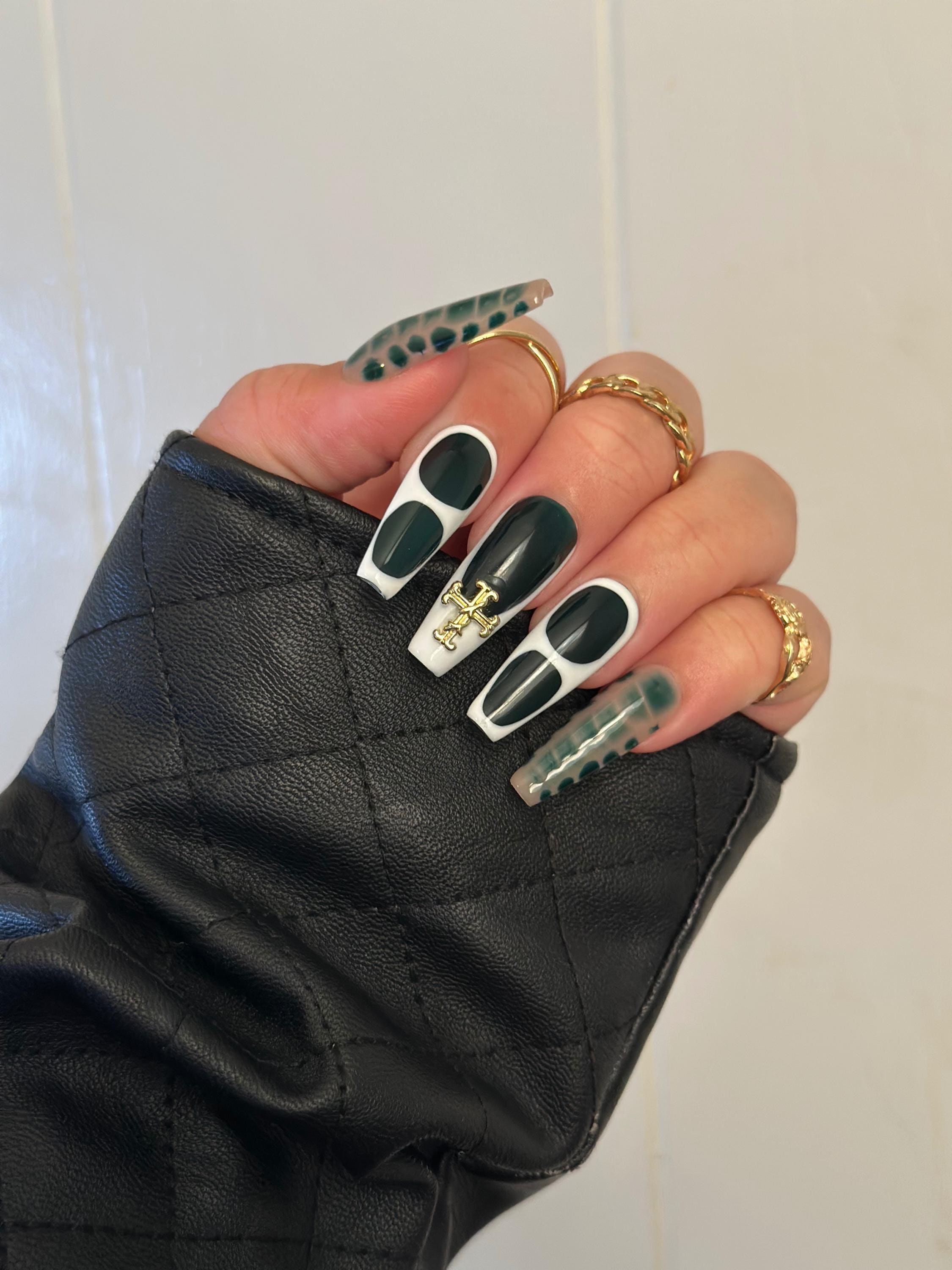 Army Green Crocodile Print Press on Nails: Gold Cross Accent - Etsy